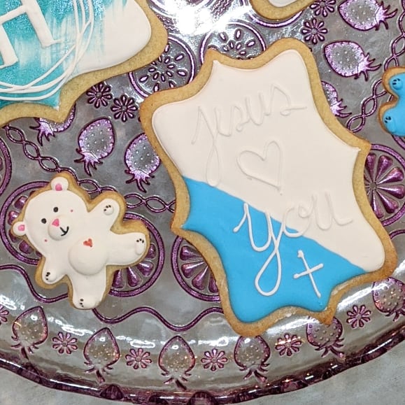 Jesus loves you with teddy bear baptism baby  christening cookie