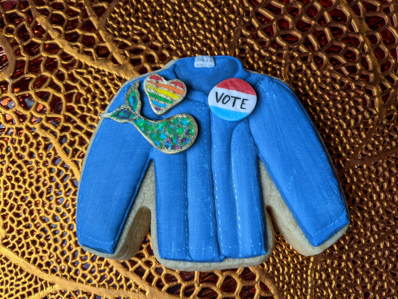 Jean jacket cookie with hand painted lapel pins